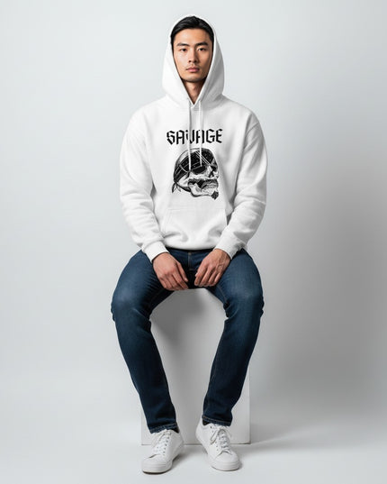 GYM PANTHERS white cotton hoodie with a black graphic of a skull wearing a bandana and the word SAVAGE.