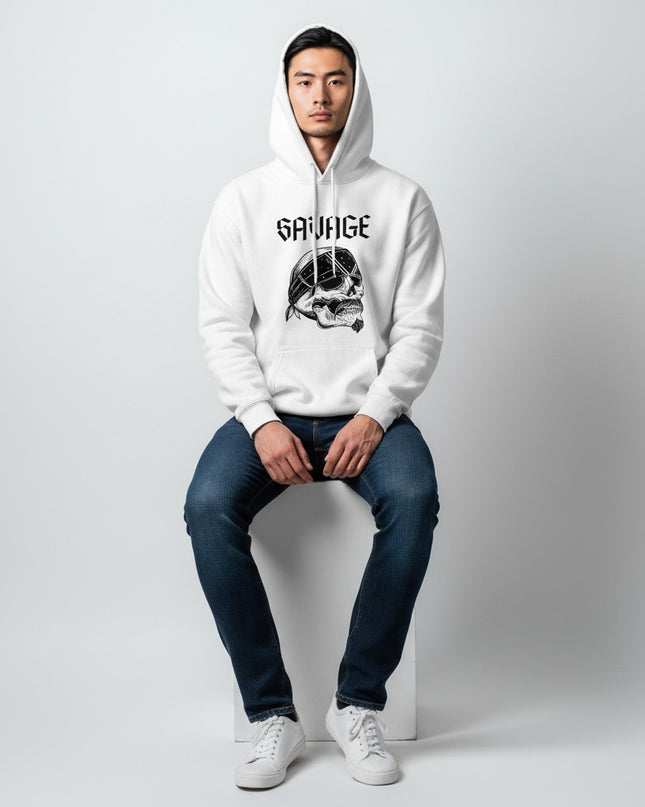 GYM PANTHERS white cotton hoodie with a black graphic of a skull wearing a bandana and the word SAVAGE.