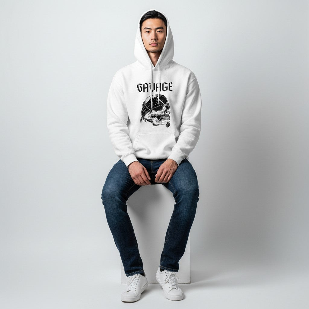 GYM PANTHERS white cotton hoodie with a black graphic of a skull wearing a bandana and the word SAVAGE.