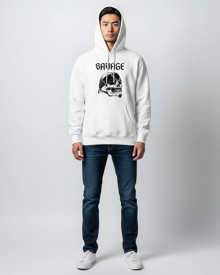 GYM PANTHERS white cotton hoodie with 'SAVAGE' text and skull graphic wearing a bandana.