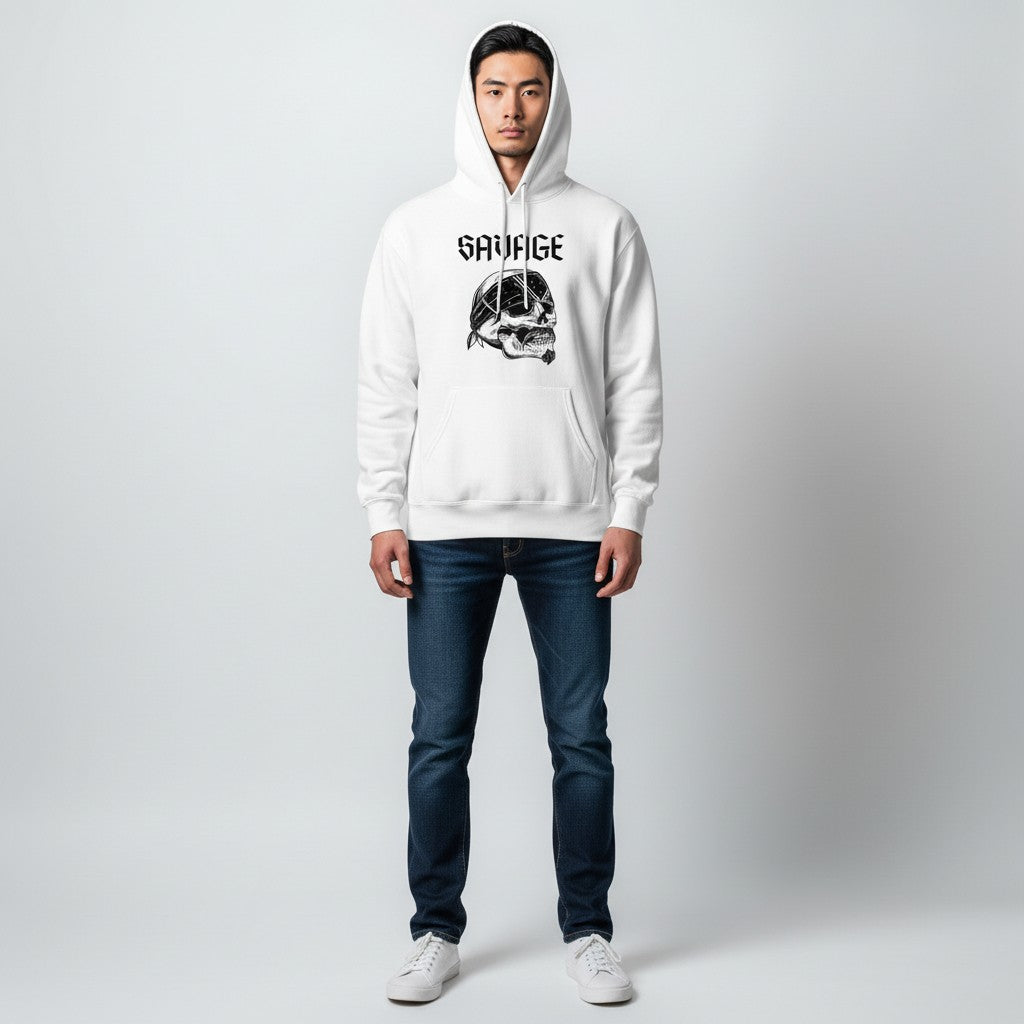 GYM PANTHERS white cotton hoodie with 'SAVAGE' text and skull graphic wearing a bandana.