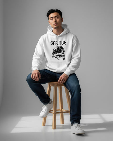 GYM PANTHERS white IronVein hoodie with a black graphic of a skull wearing a bandana and the word SAVAGE.