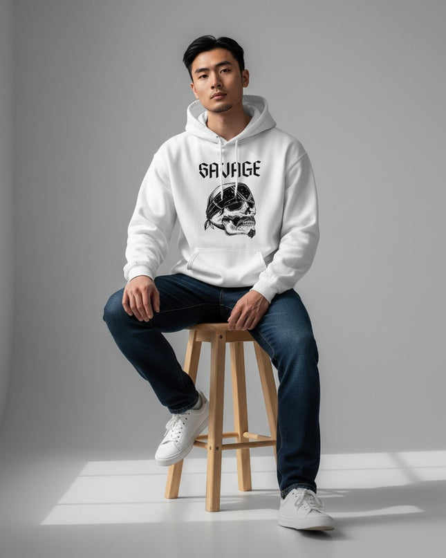 GYM PANTHERS white IronVein hoodie with a black graphic of a skull wearing a bandana and the word SAVAGE.