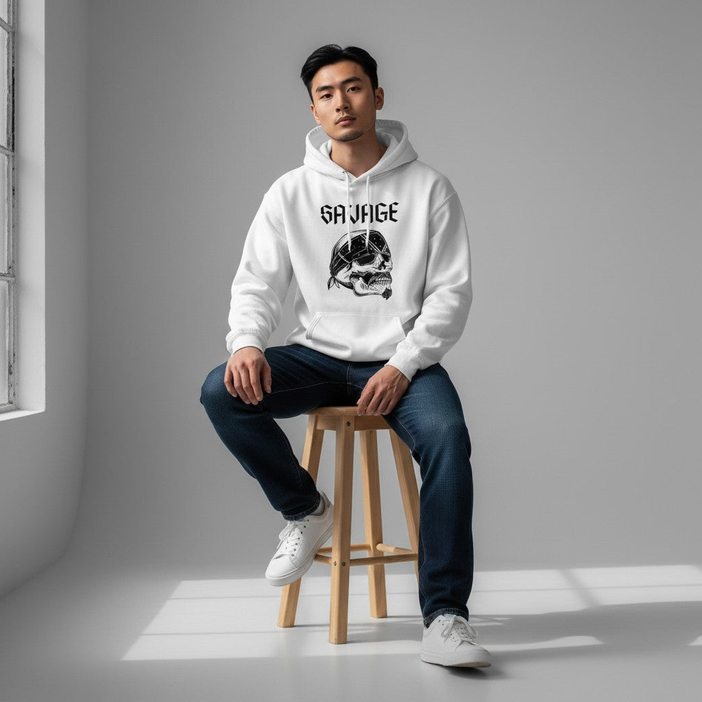 GYM PANTHERS white IronVein hoodie with a black graphic of a skull wearing a bandana and the word SAVAGE.
