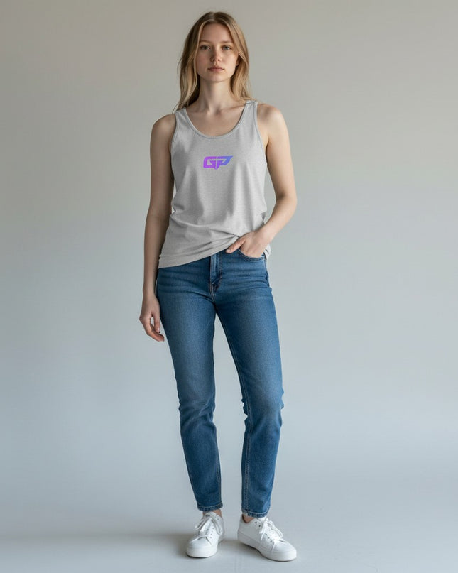 GYM PANTHERS Women's light grey 100% combed and ringspun cotton tank top with iridescent GP logo.