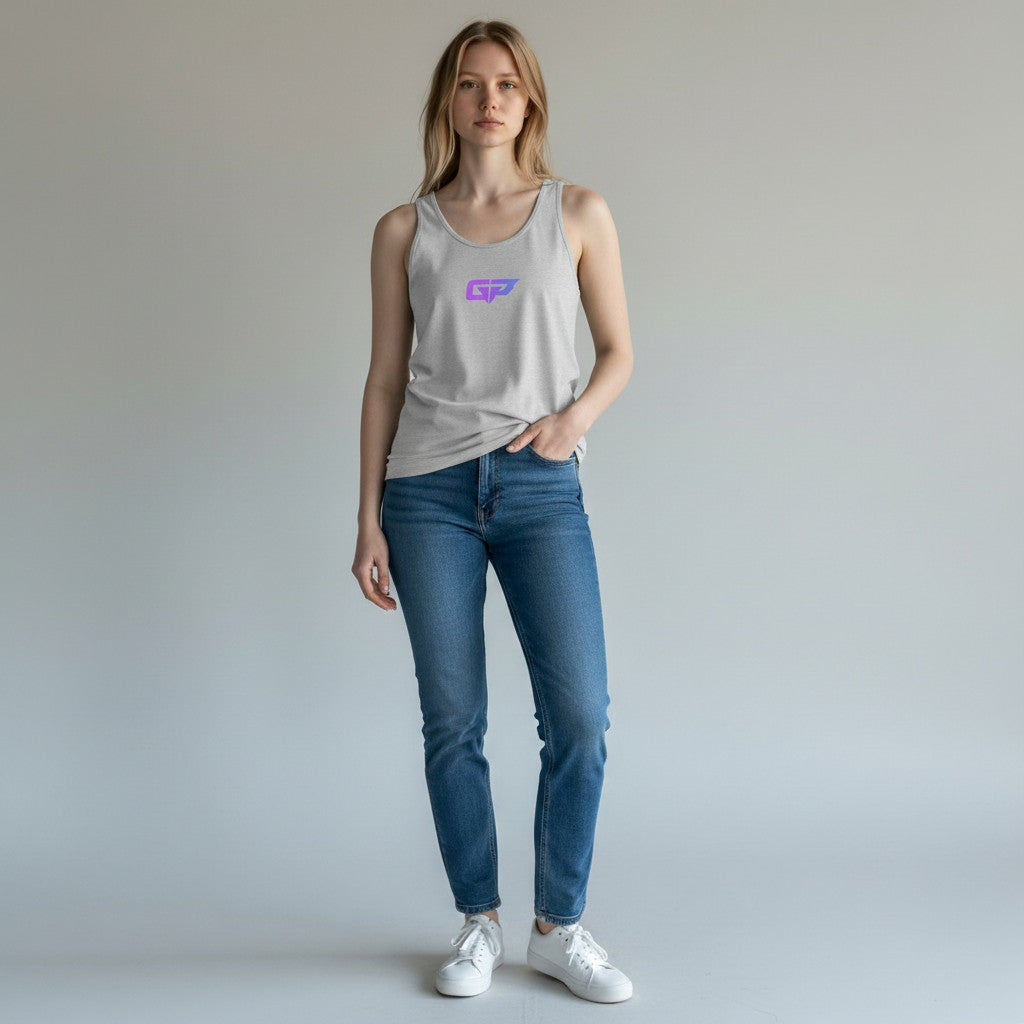 GYM PANTHERS Women's light grey 100% combed and ringspun cotton tank top with iridescent GP logo.