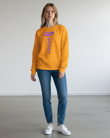 GYM PANTHERS yellow crewneck sweatshirt with vertical purple 'BEAST' logo and graphic.