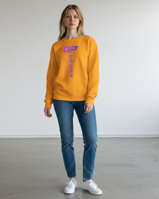 GYM PANTHERS yellow crewneck sweatshirt with vertical purple 'BEAST' logo and graphic.