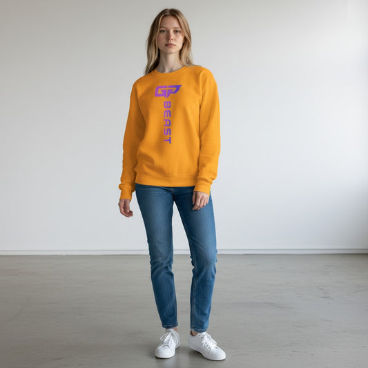 GYM PANTHERS yellow crewneck sweatshirt with vertical purple 'BEAST' logo and graphic.