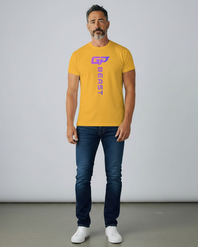 GYM PANTHERS yellow t-shirt with vertical purple gradient 'BEAST' text and GP logo.