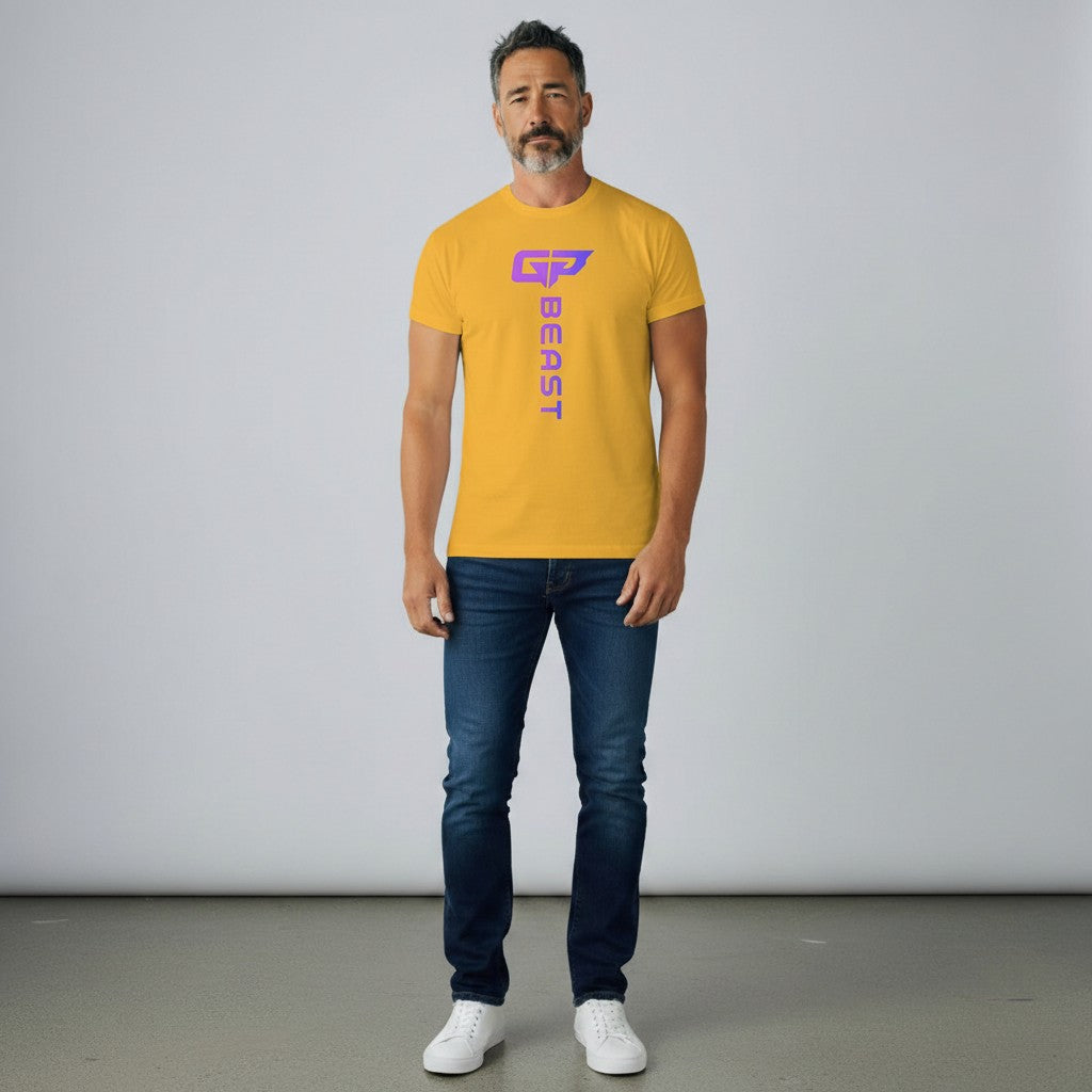 GYM PANTHERS yellow t-shirt with vertical purple gradient 'BEAST' text and GP logo.