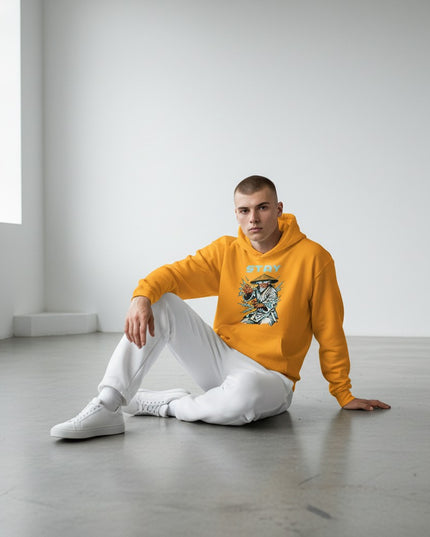 GYM PANTHERS yellow cotton-blend hoodie with a graphic print of an old man in a conical hat surrounded by blue lightning.