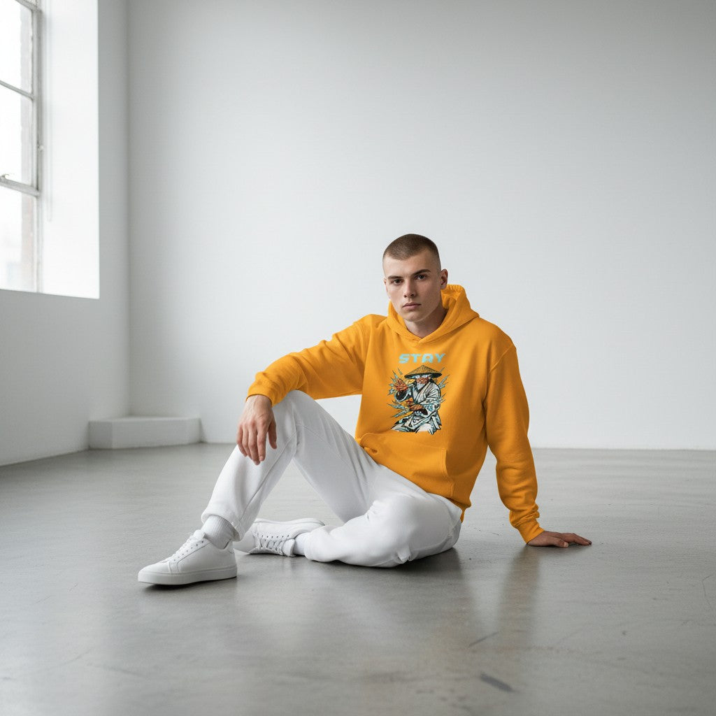 GYM PANTHERS yellow cotton-blend hoodie with a graphic print of an old man in a conical hat surrounded by blue lightning.