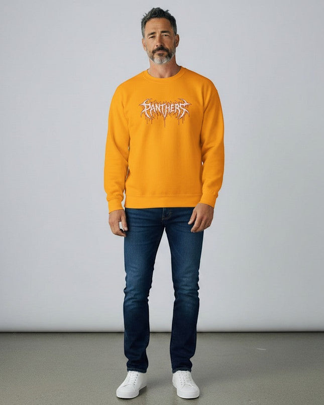 GYM PANTHERS yellow crewneck sweatshirt with white and red graphic logo on the front.