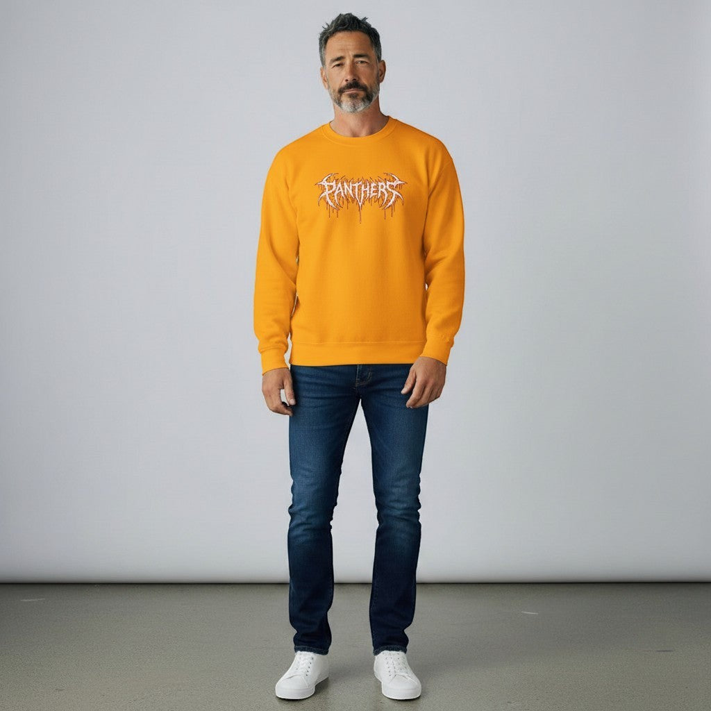 GYM PANTHERS yellow crewneck sweatshirt with white and red graphic logo on the front.