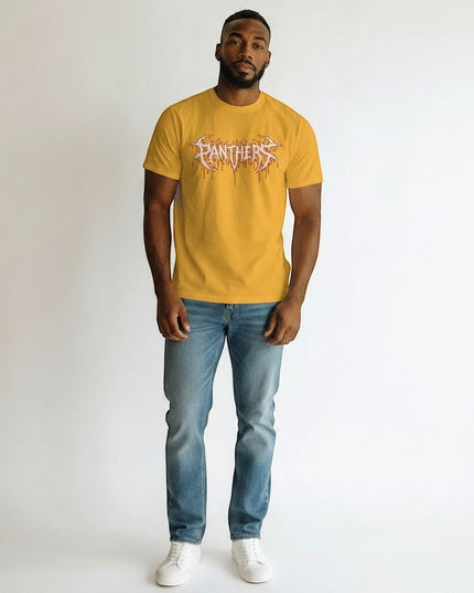 GYM PANTHERS yellow 100% cotton t-shirt with a white and red graphic logo that reads "PANTHERS" in a distressed, dripping font.