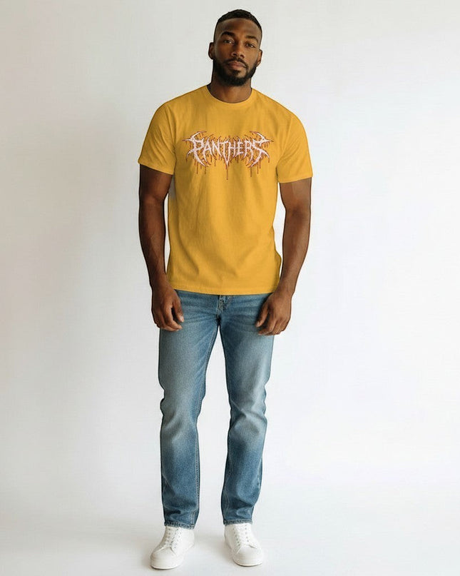 GYM PANTHERS yellow 100% cotton t-shirt with a white and red graphic logo that reads "PANTHERS" in a distressed, dripping font.