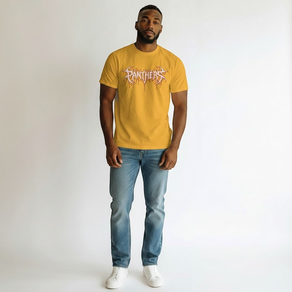 GYM PANTHERS yellow 100% cotton t-shirt with a white and red graphic logo that reads "PANTHERS" in a distressed, dripping font.