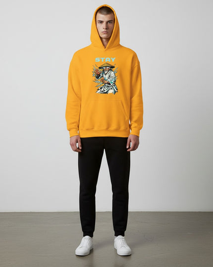 GYM PANTHERS yellow cotton-blend hoodie with a graphic print of a man in a conical hat with lightning effects and the word STAY.