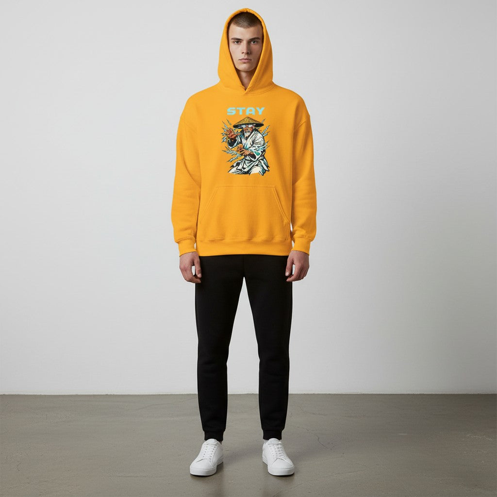 GYM PANTHERS yellow cotton-blend hoodie with a graphic print of a man in a conical hat with lightning effects and the word STAY.