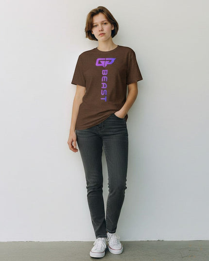 GYM PANTHERS The Beast Elite T-Shirt for women, brown tri-blend fabric with vertical gradient logo and text.