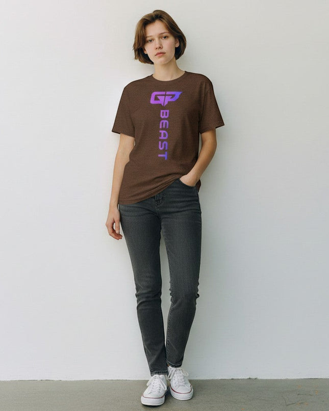 GYM PANTHERS The Beast Elite T-Shirt for women, brown tri-blend fabric with vertical gradient logo and text.