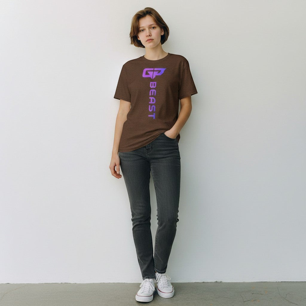 GYM PANTHERS The Beast Elite T-Shirt for women, brown tri-blend fabric with vertical gradient logo and text.