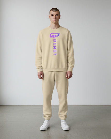 GYM PANTHERS beige crewneck sweatshirt with vertical purple gradient 'BEAST' logo on chest. Classic fit, long sleeves.