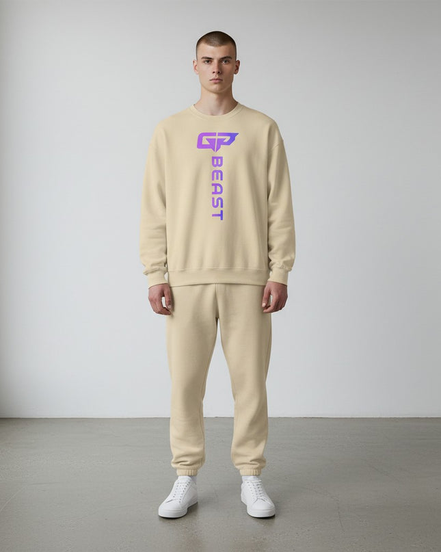 GYM PANTHERS beige crewneck sweatshirt with vertical purple gradient 'BEAST' logo on chest. Classic fit, long sleeves.