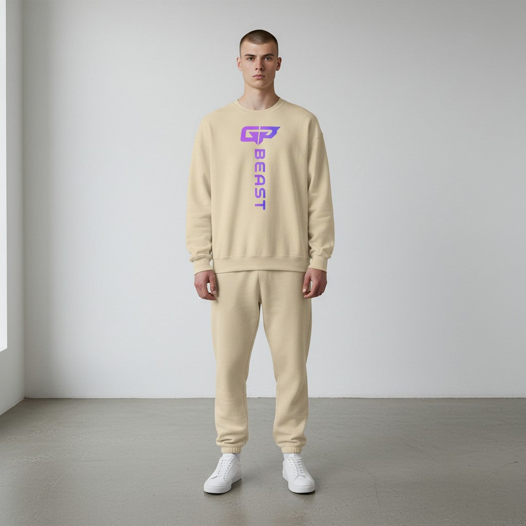 GYM PANTHERS beige crewneck sweatshirt with vertical purple gradient 'BEAST' logo on chest. Classic fit, long sleeves.
