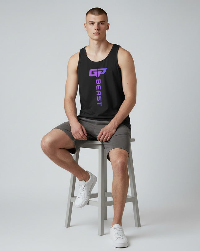 GYM PANTHERS black 100% combed ring-spun cotton Beast Elite Tank with purple gradient logo and text.