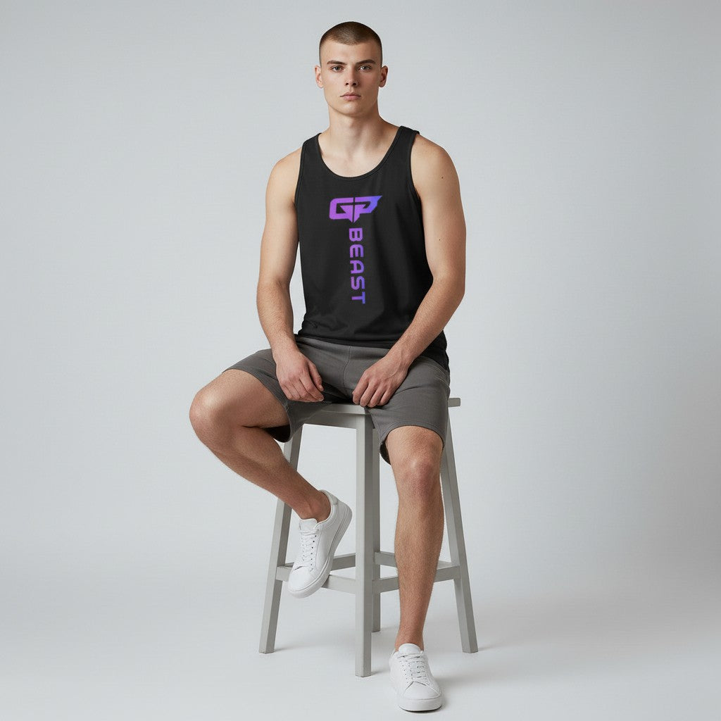GYM PANTHERS black 100% combed ring-spun cotton Beast Elite Tank with purple gradient logo and text.