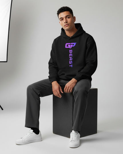 Black cotton blend hoodie by GYM PANTHERS with a vertical gradient logo and text 'BEAST' on the chest.