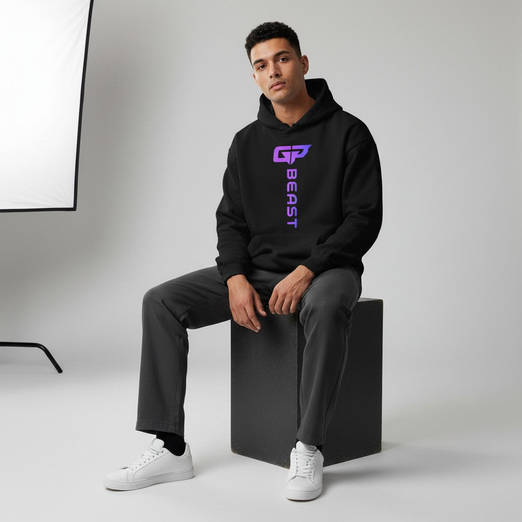 Black cotton blend hoodie by GYM PANTHERS with a vertical gradient logo and text 'BEAST' on the chest.