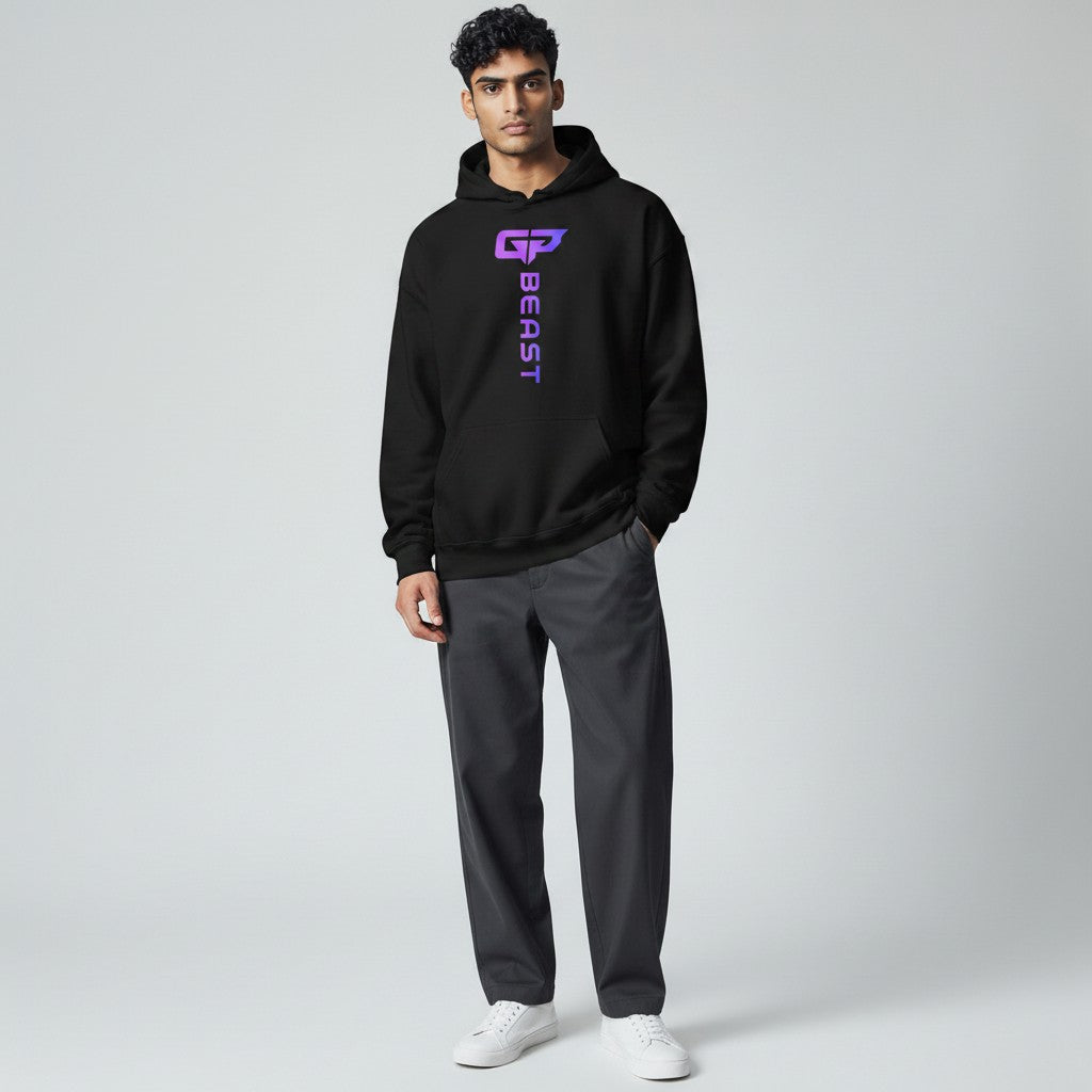 GYM PANTHERS black unisex hoodie with vertical gradient 'BEAST' logo on chest. Soft, durable fabric for all-day comfort.