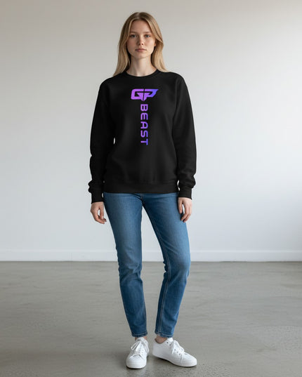 GYM PANTHERS black crewneck sweatshirt with vertical gradient 'BEAST' logo on chest.