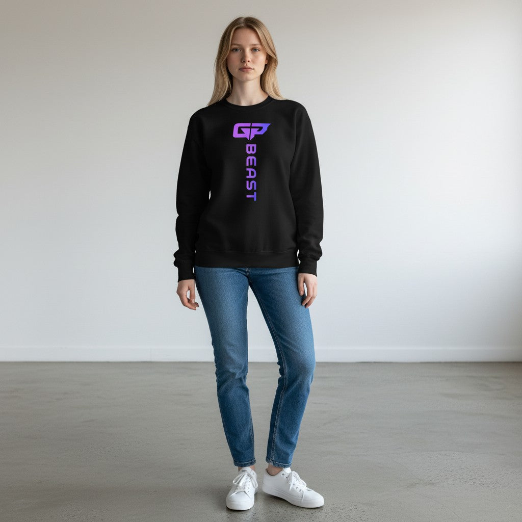GYM PANTHERS black crewneck sweatshirt with vertical gradient 'BEAST' logo on chest.