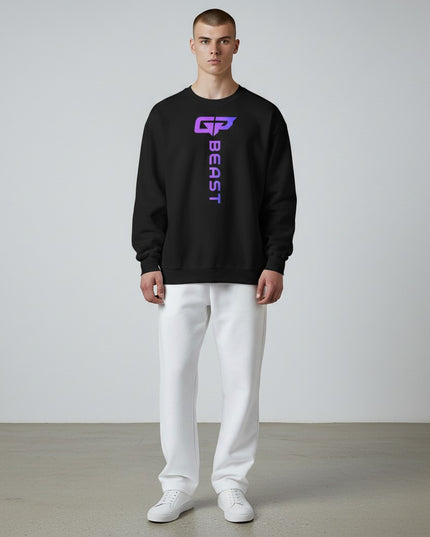 GYM PANTHERS black crewneck sweatshirt with vertical gradient 'BEAST' logo and graphic on chest.