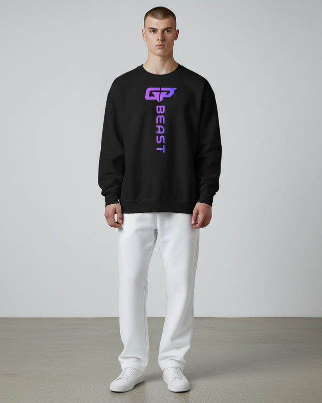 GYM PANTHERS black crewneck sweatshirt with vertical gradient 'BEAST' logo and graphic on chest.