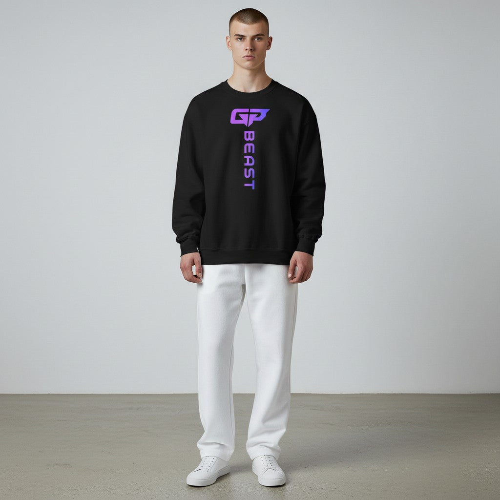 GYM PANTHERS black crewneck sweatshirt with vertical gradient 'BEAST' logo and graphic on chest.