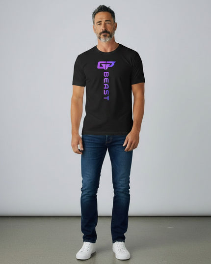 GYM PANTHERS black t-shirt with vertical gradient logo and text 'BEAST' on the front.