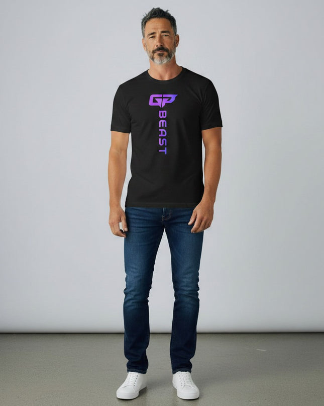 GYM PANTHERS black t-shirt with vertical gradient logo and text 'BEAST' on the front.