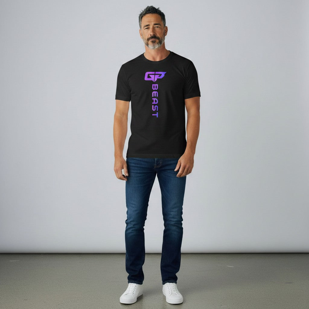 GYM PANTHERS black t-shirt with vertical gradient logo and text 'BEAST' on the front.