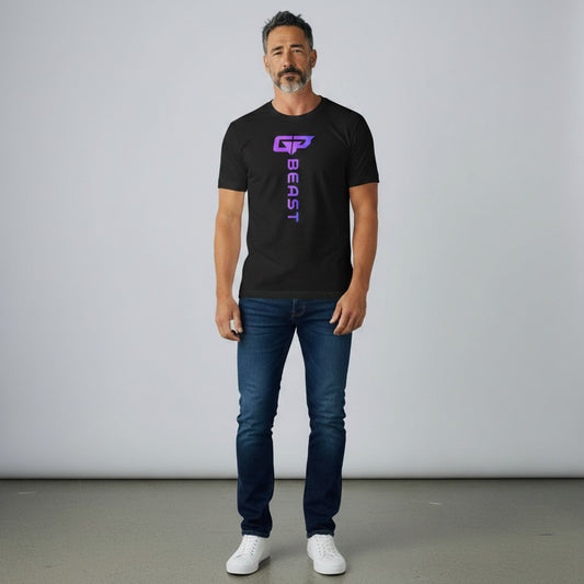 GYM PANTHERS black t-shirt with vertical gradient logo and text 'BEAST' on the front.