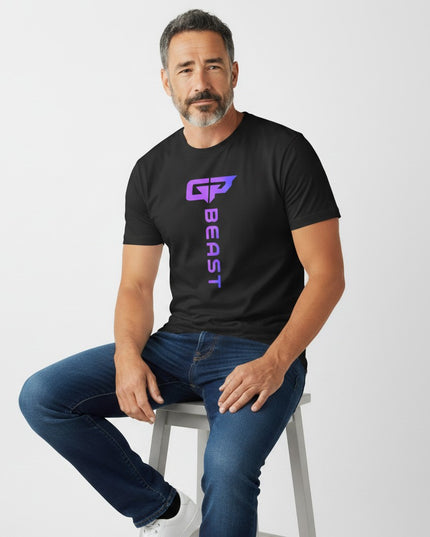 GYM PANTHERS black t-shirt with vertical gradient logo and text 'BEAST' on the front.
