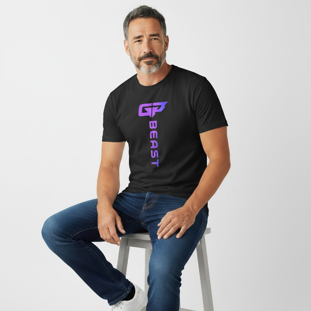 GYM PANTHERS black t-shirt with vertical gradient logo and text 'BEAST' on the front.