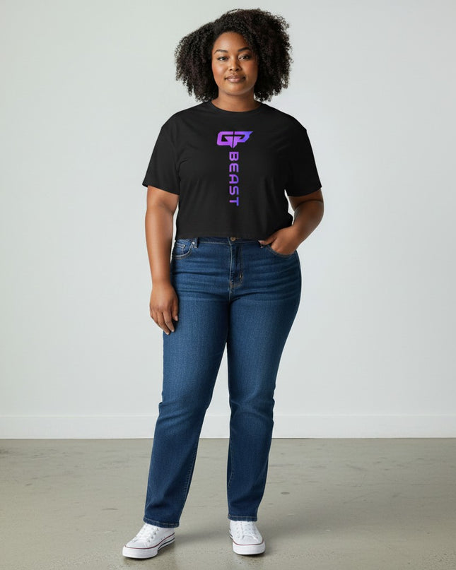 GYM PANTHERS black cotton crop top with vertical gradient BEAST logo on front. Relaxed fit, dropped shoulders.
