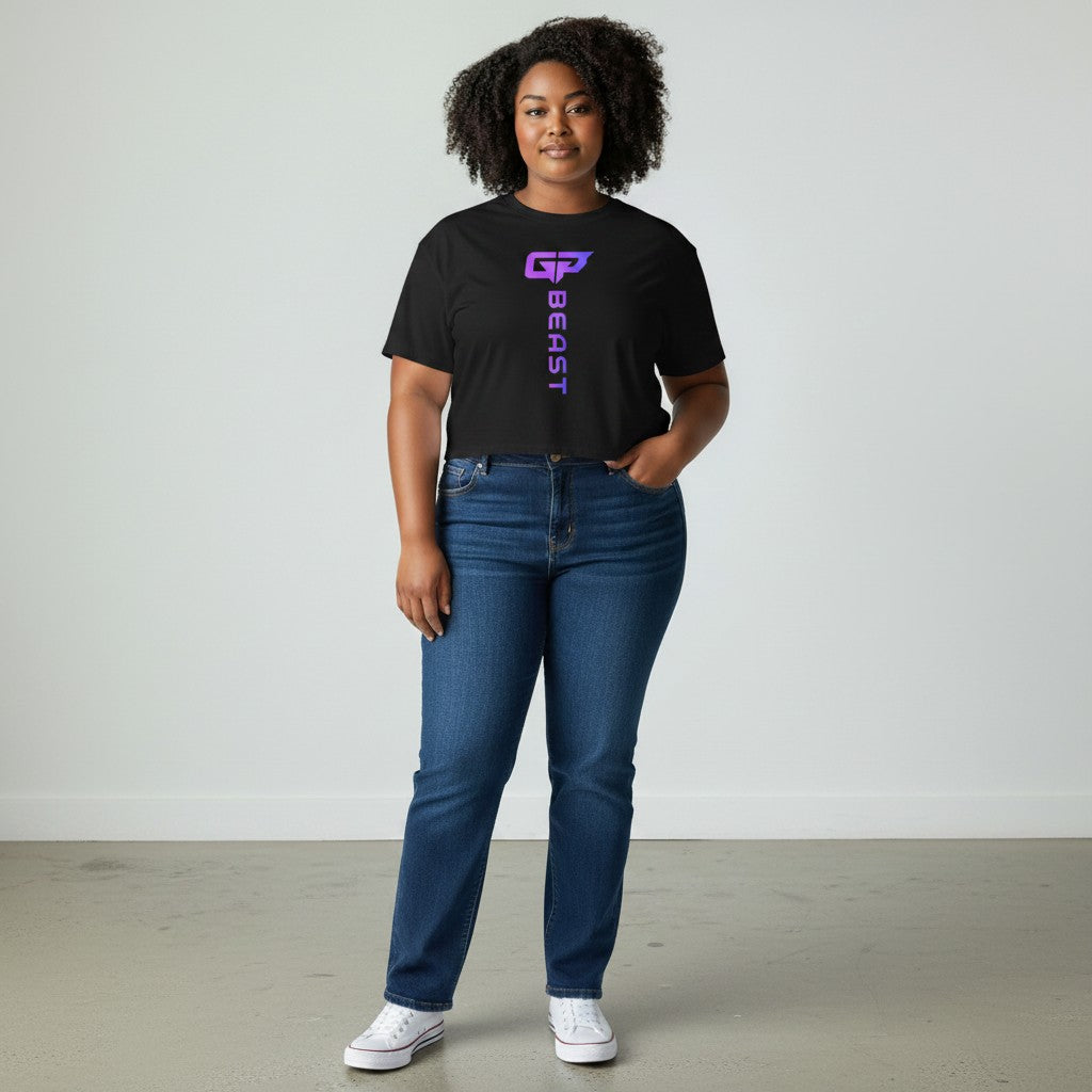 GYM PANTHERS black cotton crop top with vertical gradient BEAST logo on front. Relaxed fit, dropped shoulders.