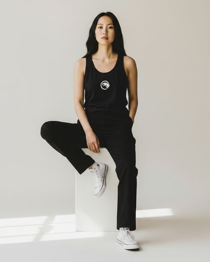 GYM PANTHERS black 100% cotton women's tank top with white logo on chest, scoop neck, relaxed fit.