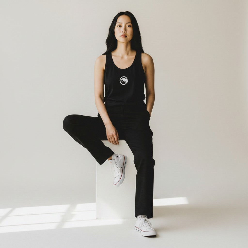 GYM PANTHERS black 100% cotton women's tank top with white logo on chest, scoop neck, relaxed fit.